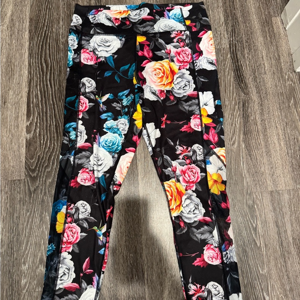 ZYIA Black and Pink Leggings with Bold Floral Design Worn Once!